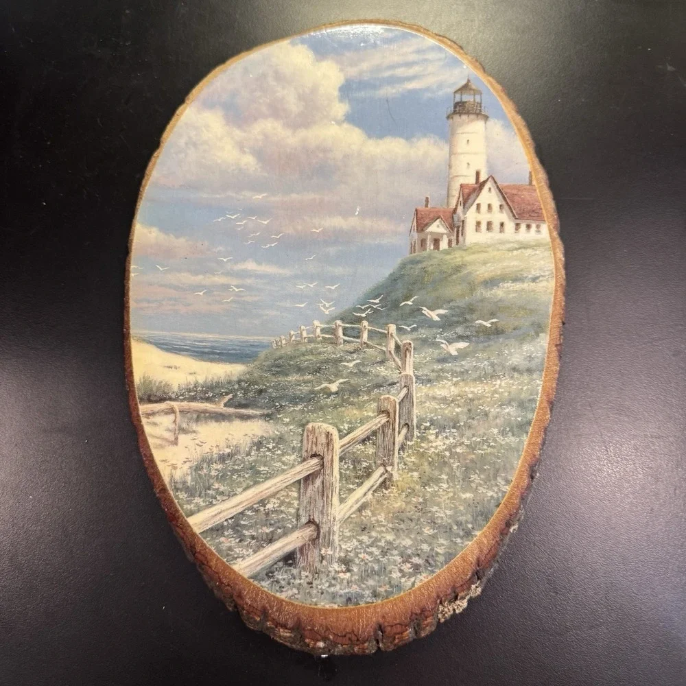 Vintage Decoupage Wood Slice Coastal Lighthouse 11